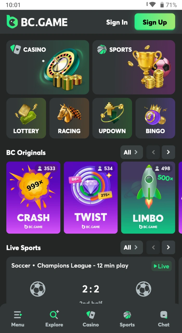 Untuk menginstal aplikasi kasino online BC Game di ponsel Android Anda, Anda harus membuka halaman utama situs.