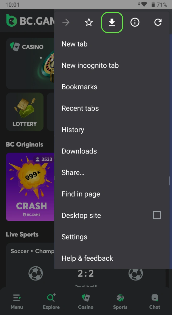 Temukan tombol instalasi aplikasi kasino online BC Game.