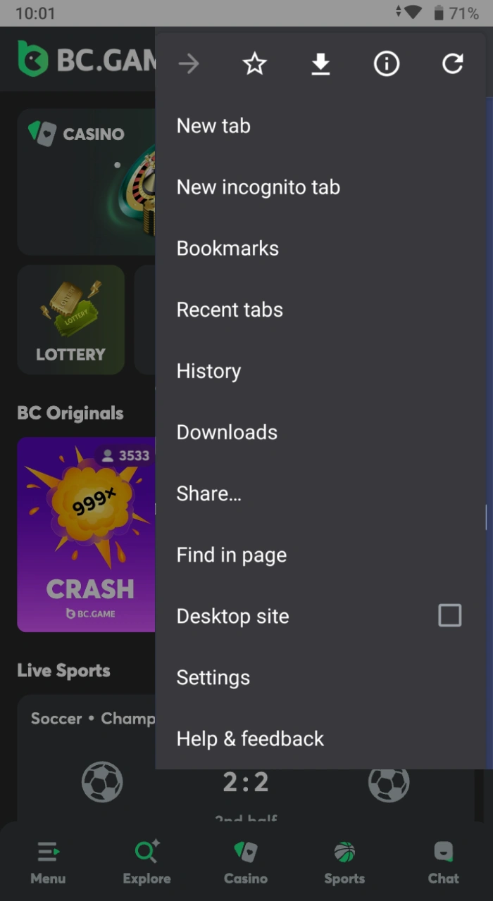 Untuk memasang aplikasi kasino online BC Game di ponsel Android Anda, Anda perlu membuka menu browser.