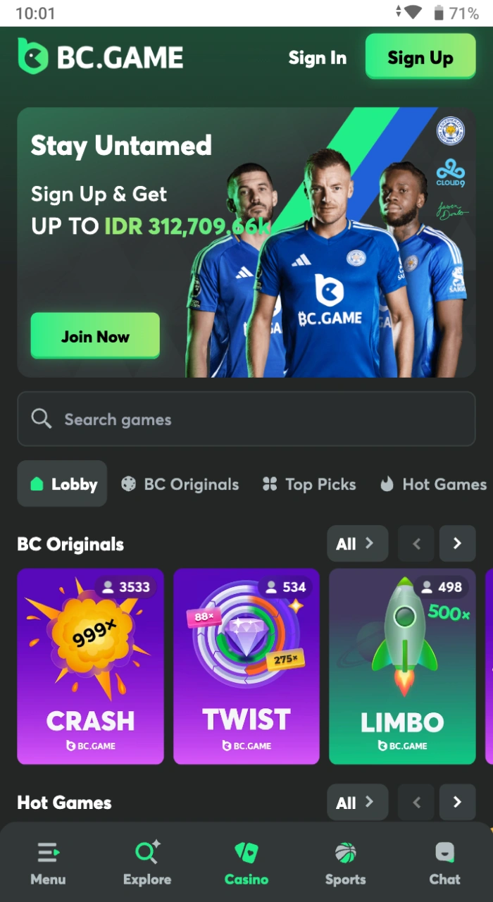 Bagian permainan kasino di situs web kasino online BC Game.