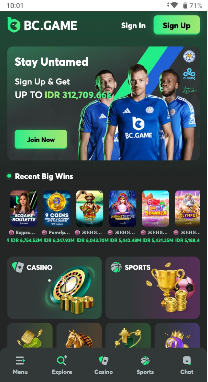 Halaman beranda situs web resmi kasino online BC Game.