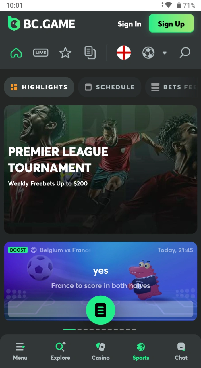 Taruhan olahraga di situs web kasino online BC Game.