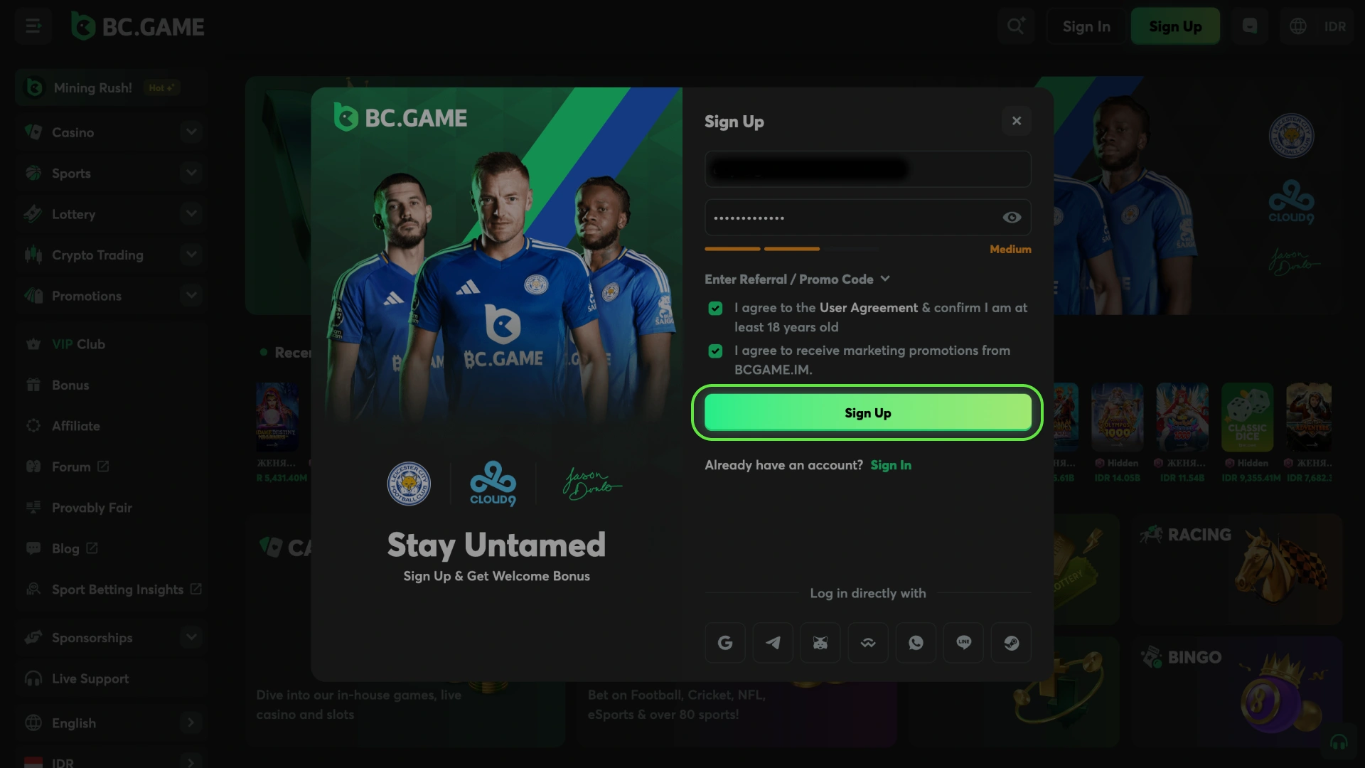 Kapan saya dapat menyelesaikan proses pendaftaran di situs web kasino online BC Game.