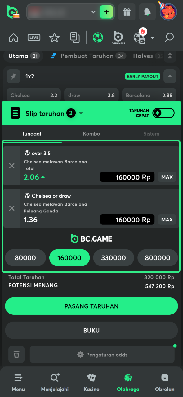 Tuliskan jumlah taruhan Anda di BC Game.